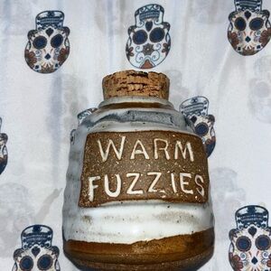 Vintage Golden Age Pottery Handmade "Warm Fuzzies" ceramic jar with cork